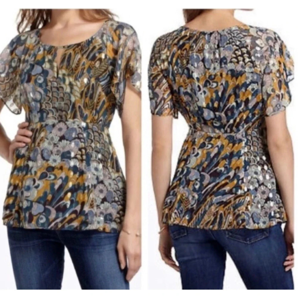 Anthropologie HD In Paris Silk Blouse Peacock Prisma Top Peplum Size 4
